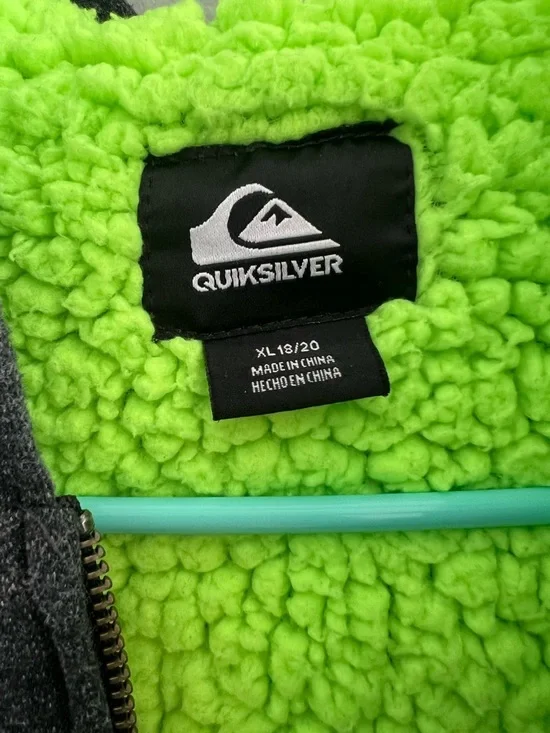 Vintage Men’s XL Quiksilver Charcoal Zip Hoodie with Neon Green Fleece Lining - Picture 4 of 12